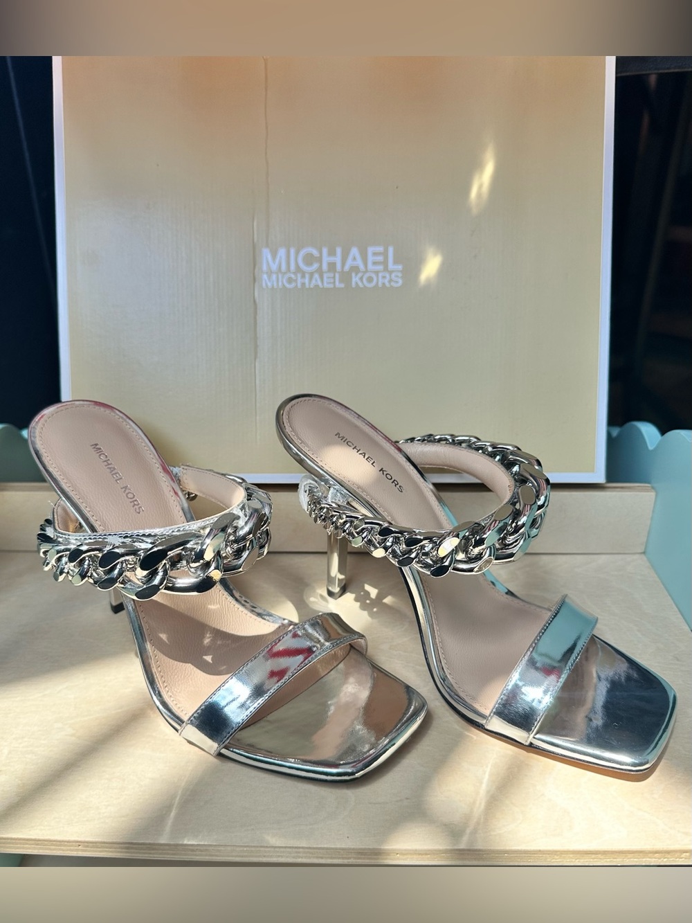 Michael Kors Silver Chain-Strap Metallic Heels